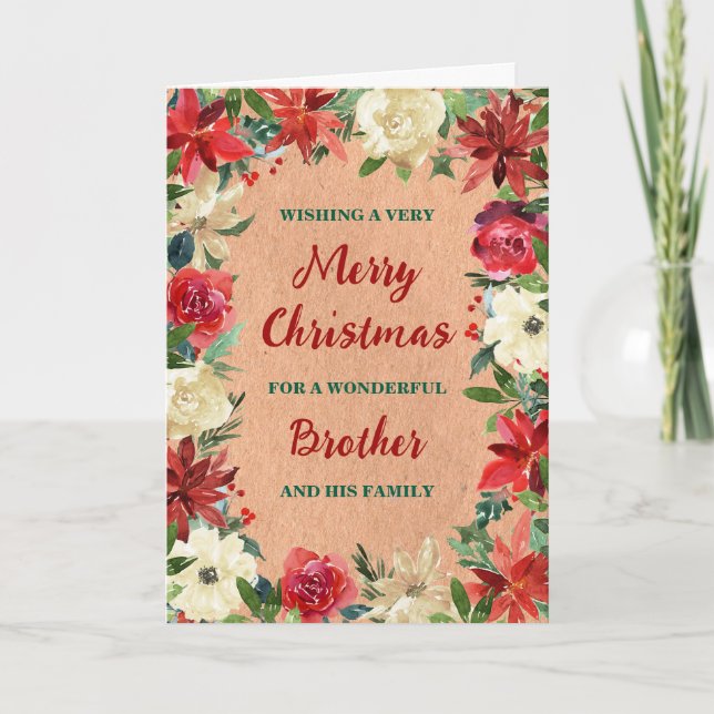 Rustic Floral Brother & Family Merry Christmas Card (Front)