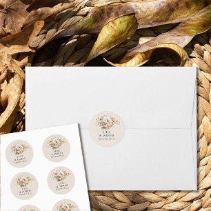 Rustic Floral Brown Neutral Fall Flowers Wedding Classic Round Sticker