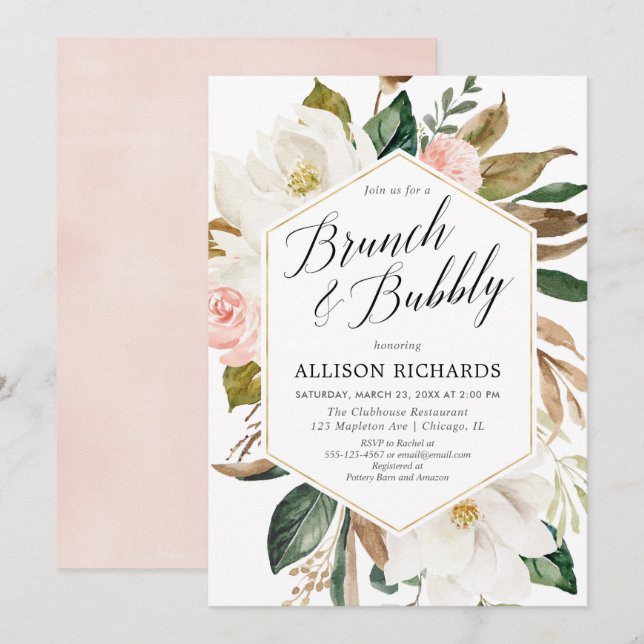 Rustic floral brunch bubbly bridal shower invitation (Front/Back)