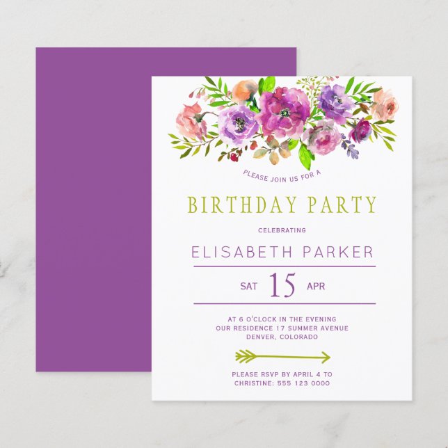Rustic floral budget birthday party invitation (Front/Back)