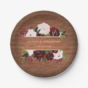 Rustic Floral Burgundy and Blush Wedding Paper Plate