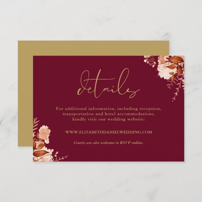 Rustic Floral Burgundy And Gold Wedding Details Enclosure Card (Front/Back)