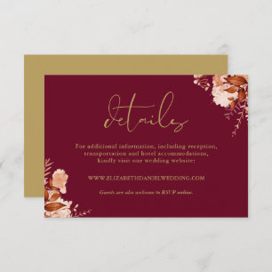 Rustic Floral Burgundy And Gold Wedding Details Enclosure Card
