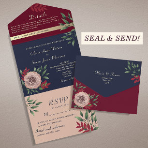 Rustic Floral Burgundy and Navy Wedding All In One Invitation