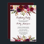 Rustic Floral Burgundy Birthday Party Invitation<br><div class="desc">Bohemian style Birthday Party Invitation Card featuring watercolor illustration of burgundy,  red and pink peonies and roses with feathers accent. This is perfect for autumn | fall and winter events. Matching items are also available. Please click the "Customise" button to change fonts,  sizes and colours.</div>