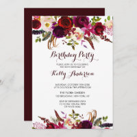 Rustic Floral Burgundy Birthday Party Invitation