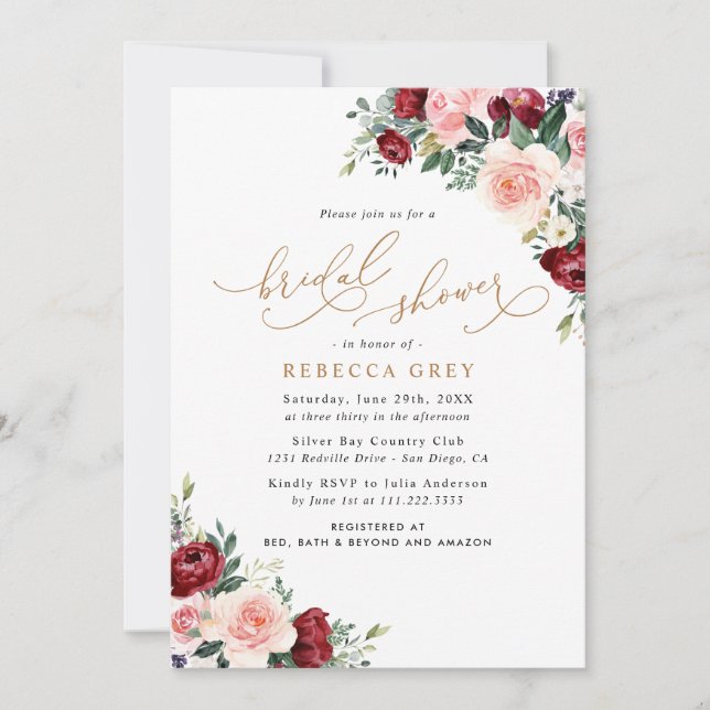 Rustic Floral Burgundy Blush Bridal Shower Invitation (Front)