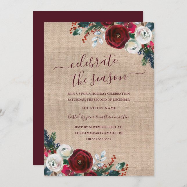 Rustic Floral Burgundy Christmas Party Invitation (Front/Back)