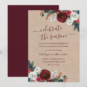 Rustic Floral Burgundy Christmas Party Invitation
