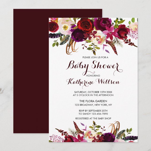 Rustic Floral Burgundy Marsala Baby Shower Invitation (Front/Back)