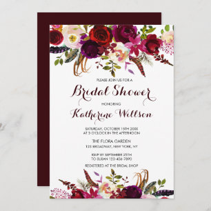 Rustic Floral Burgundy Marsala Fall Bridal Shower Invitation