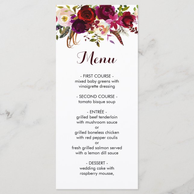 Rustic Floral Burgundy Marsala Menu Card (Front)