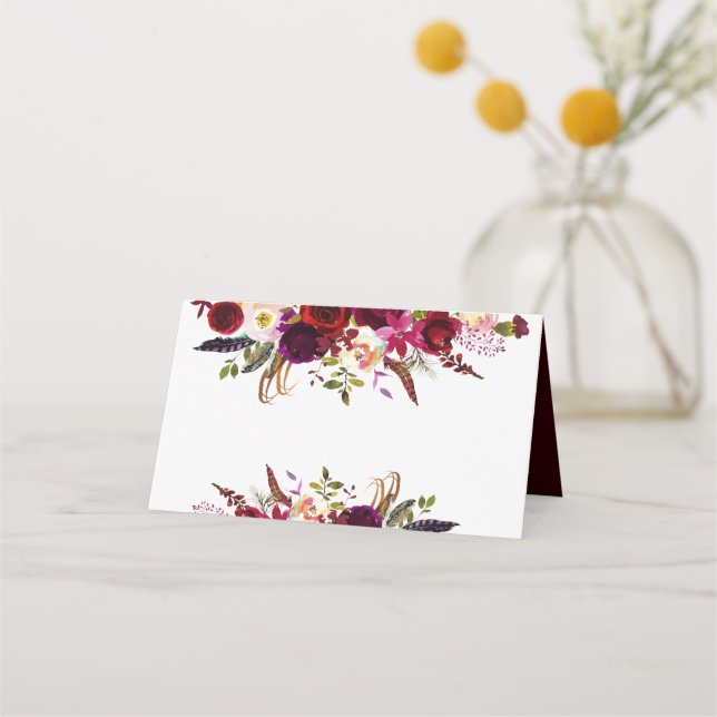 Rustic Floral Burgundy Marsala Table Place Card (Front)