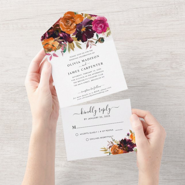 Rustic Floral Burgundy Purple Yellow Fall Wedding All In One Invitation (Tearaway)