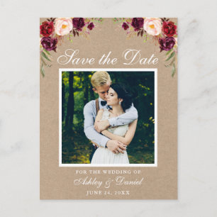 Rustic Floral Burgundy Save the Date Photo Kraft Announcement Postcard