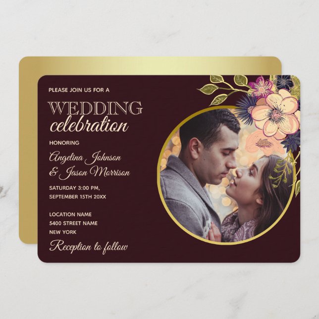 Rustic Floral Burgundy Wedding Invitation (Front/Back)