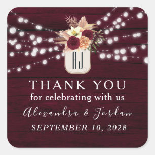 Rustic Floral Burgundy Wedding Square Sticker