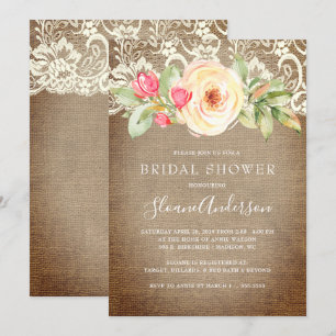 Rustic Floral Burlap and Lace Bridal Shower Invitation
