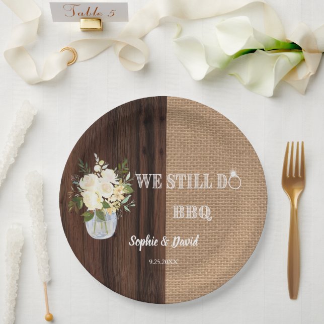 Rustic Floral Burlap Barn WE STILL DO Barbecue  Paper Plate (Wedding)