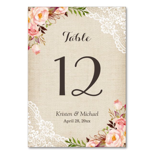 Rustic Floral Burlap Lace Table Number (Front)