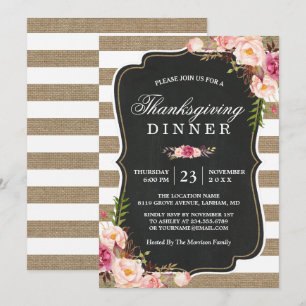 Rustic Floral Burlap Stripes Thanksgiving Dinner Invitation
