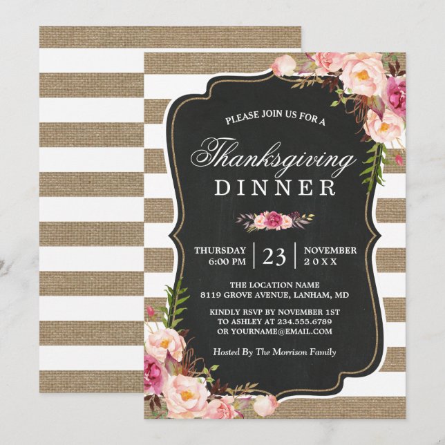 Rustic Floral Burlap Stripes Thanksgiving Dinner Invitation (Front/Back)