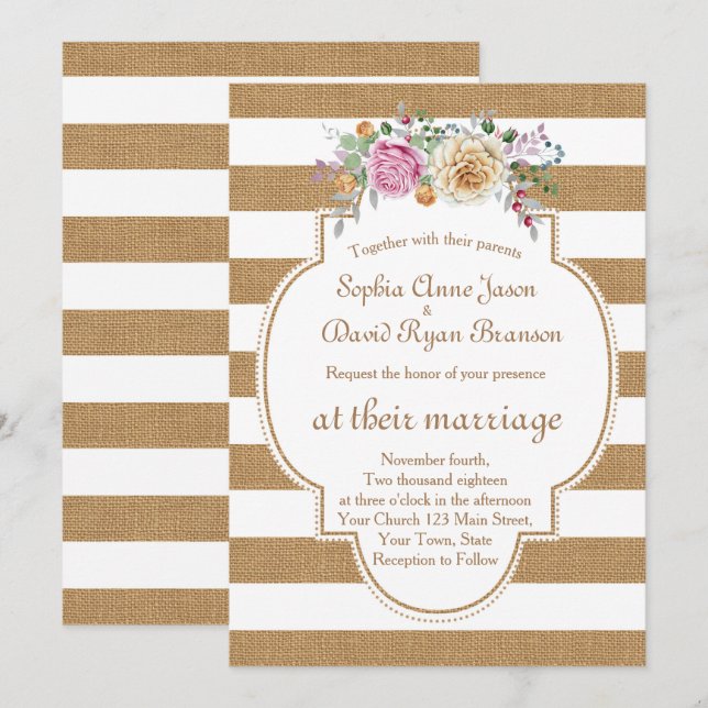 Rustic Floral Burlap Stripes Wedding Invitation (Front/Back)
