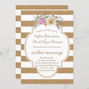 Rustic Floral Burlap Stripes Wedding Invitation