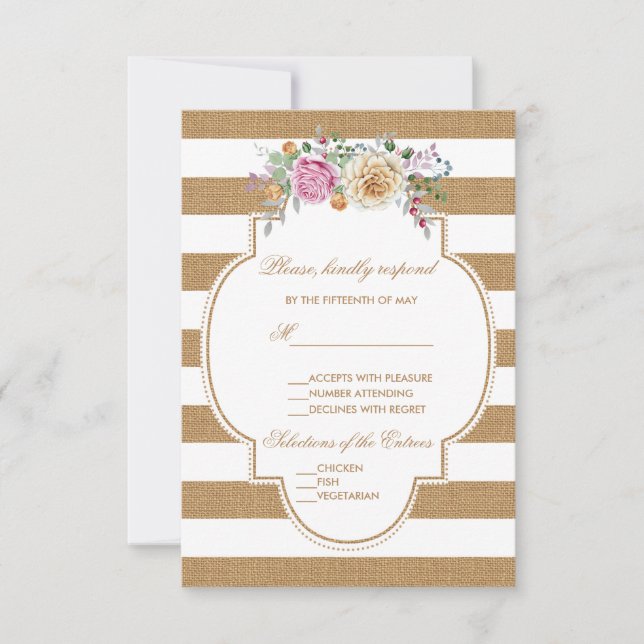 Rustic Floral Burlap Stripes Wedding RSVP (Front)