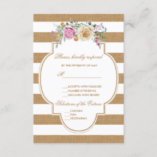 Rustic Floral Burlap Stripes Wedding RSVP Card