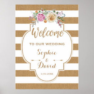 Rustic Floral Burlap Stripes Wedding WELCOME SIGN