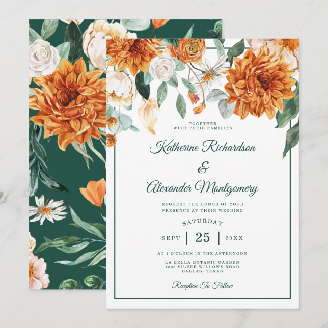Rustic Floral Burnt Orange Elegant Fall Wedding Invitation (Front/Back)