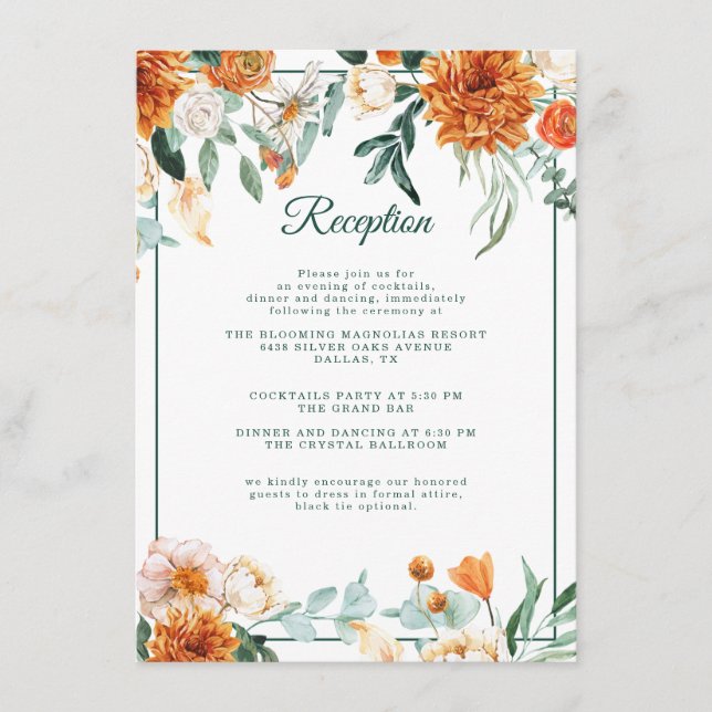 Rustic Floral Burnt Orange Fall Wedding Reception Enclosure Card (Front)