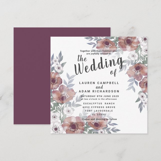 Rustic Floral Burnt Orange Wedding Invitation (Front/Back)