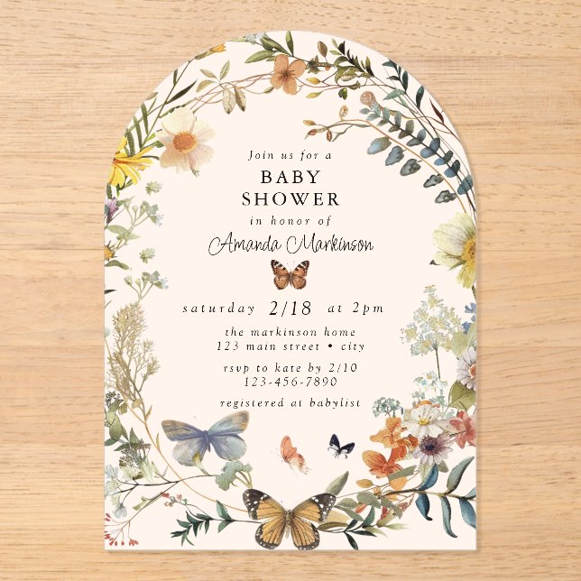 Rustic Floral Butterfly Gender Neutral Baby Shower Acrylic Invitations (Front)