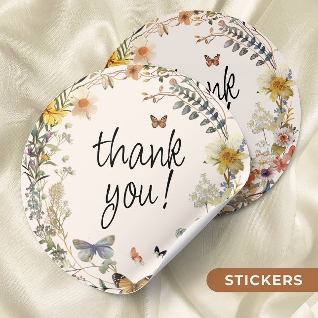 Rustic Floral Butterfly Gender Neutral Thank You Classic Round Sticker (Creator Uploaded)