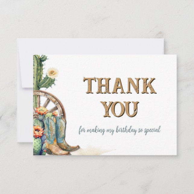 Rustic Floral Cactus Country Cowgirl Birthday Thank You Card (Front)