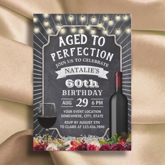 Rustic Floral Chalkboard 60th Wine Birthday Invitation (Creator Uploaded)
