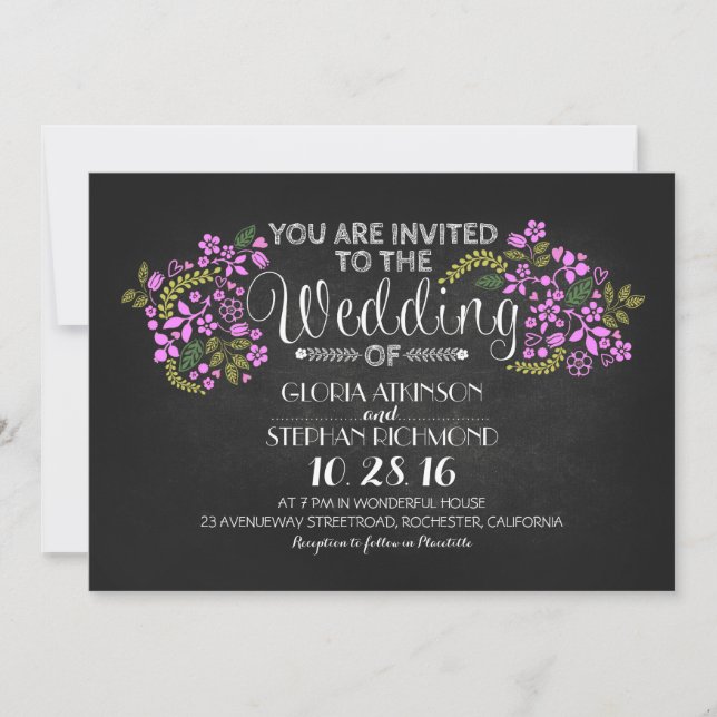 rustic floral chalkboard wedding invitations (Front)