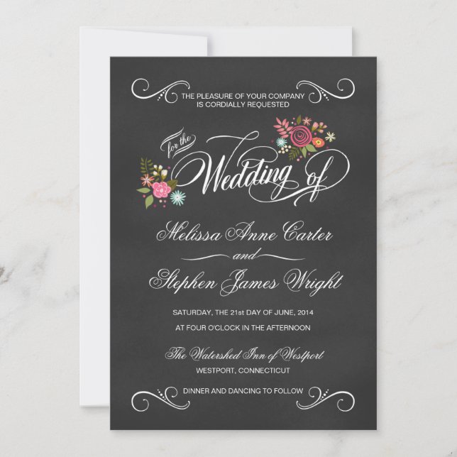 Rustic Floral Chalkboard Wedding Invitations (Front)