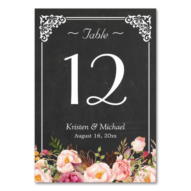 Rustic Floral Chalkboard Wedding Table Number (Front)