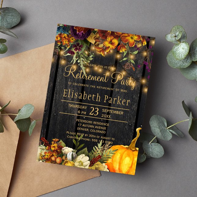 Rustic floral chic barn wood fall retirement party invitation (Creator Uploaded)