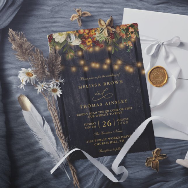 Rustic floral chic barn wood qr code wedding invitation (Creator Uploaded)
