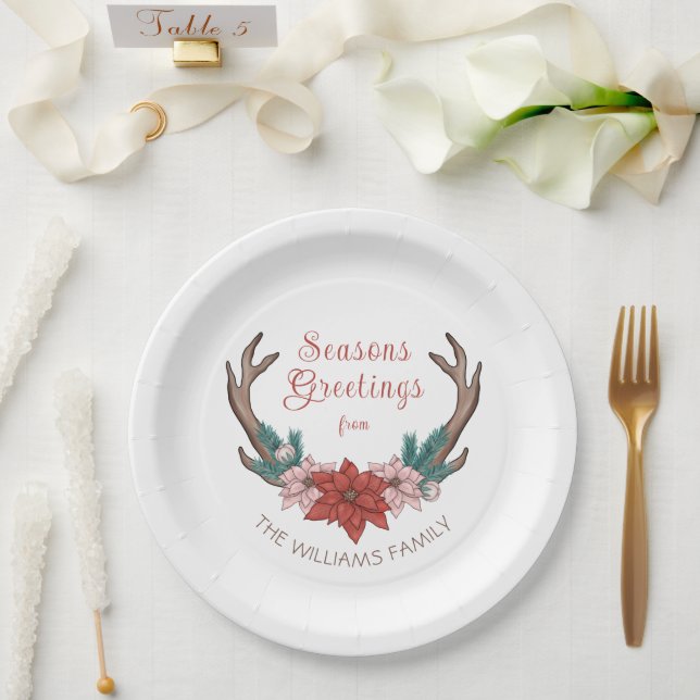Rustic Floral Christmas Antlers Seasons Greetings  Paper Plate (Wedding)