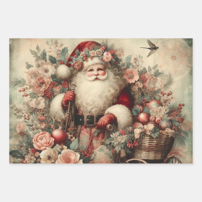Rustic Floral Christmas Santa Wrapping Paper (Front 2)
