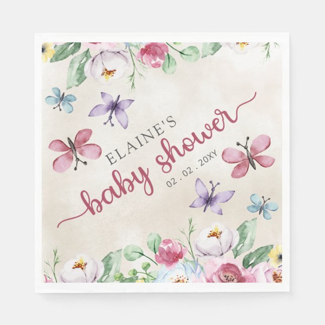 Rustic Floral Colourful Butterflies Baby Shower Napkin (Front)