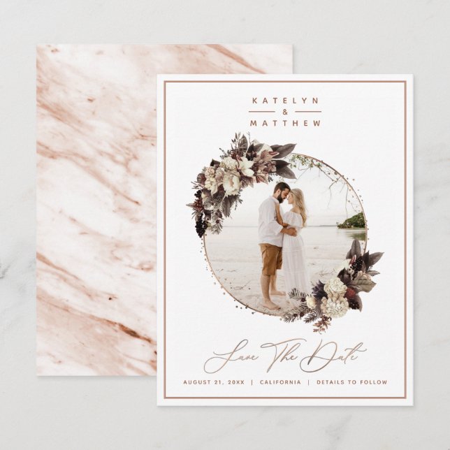 Rustic Floral Copper Framed Photo & Calligraphy Save The Date (Front/Back)