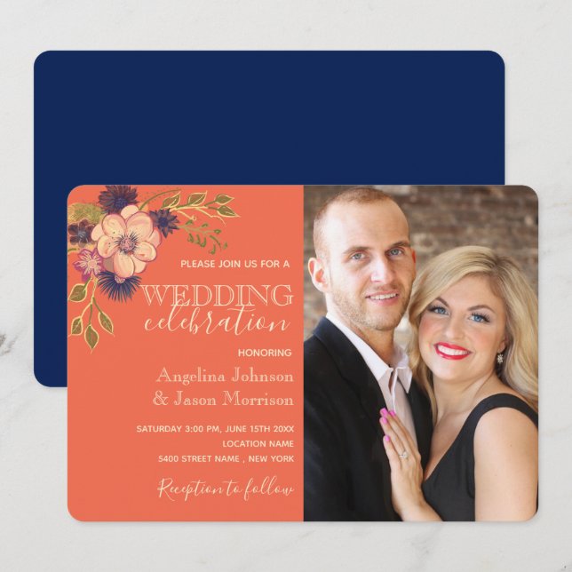 Rustic Floral Coral and Navy Blue Wedding Photo Invitation (Front/Back)