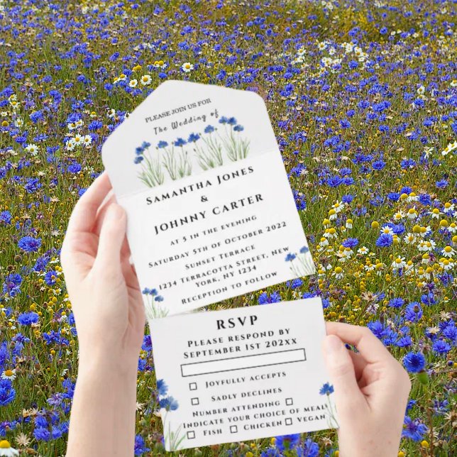 Rustic Floral Cornflowers Baby's Breath Wedding All In One Invitation (Creator Uploaded)
