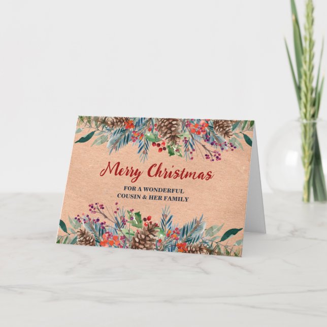 Rustic Floral Cousin & Family Merry Christmas Card (Front)